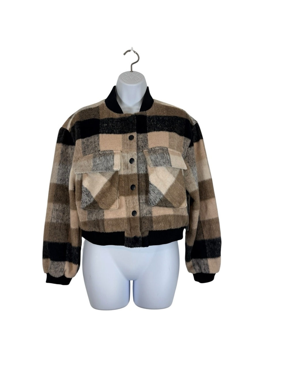Madden NYC Plaid Cropped Bomber Jacket Size Small Snap Front Shacket Coat Cozy
